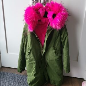 Green Parka with Pink Fur Hood
